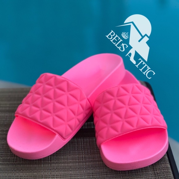 Shoes - Neon Pink Slip On Slides Sandals